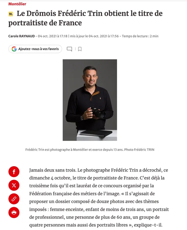 Article du Dauphiné Libéré du 4 octobre 2021 sur Frédéric Trin, photographe à Montélier, portraitiste de France